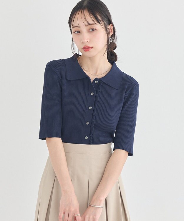 earth music&ecology ミニフリルポロカーディガン Navy