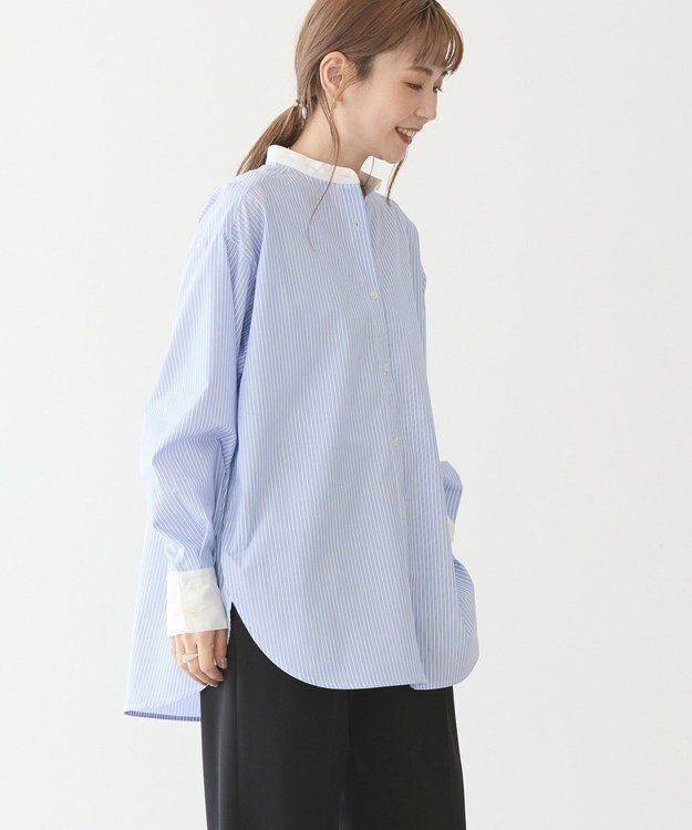 AMERICAN HOLIC イージーケアバンドカラーロングシャツ Stripe Sax