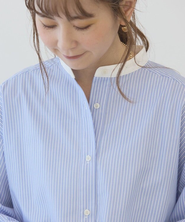 AMERICAN HOLIC イージーケアバンドカラーロングシャツ Stripe Sax