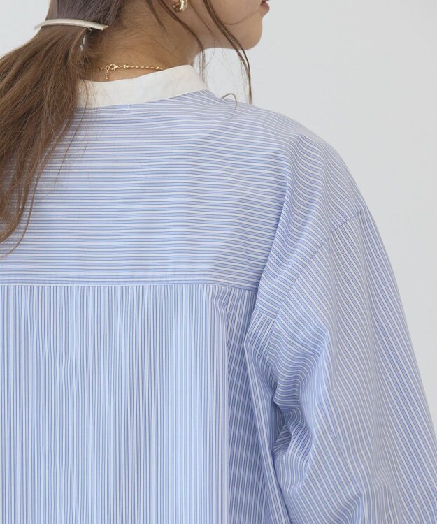 AMERICAN HOLIC イージーケアバンドカラーロングシャツ Stripe Sax