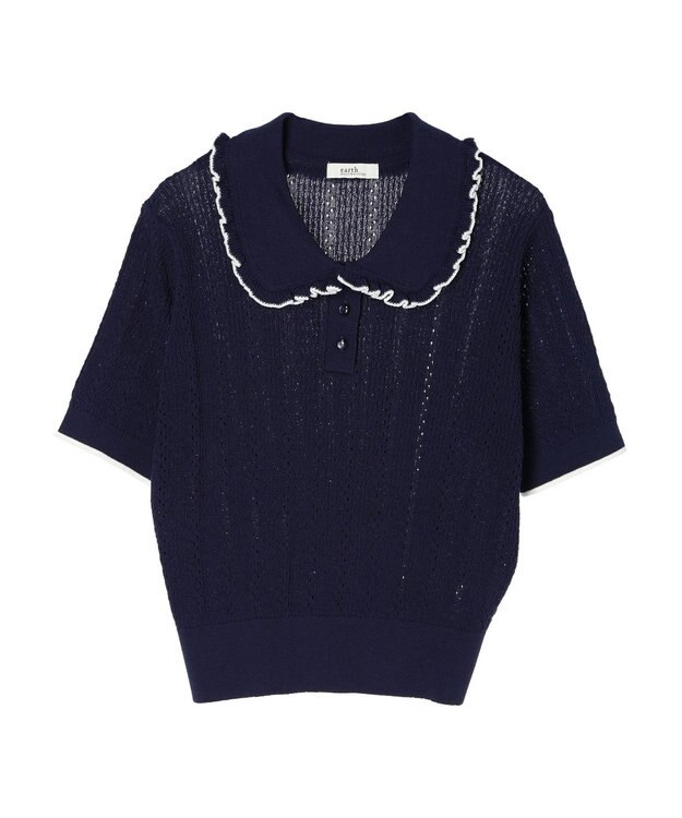 earth music&ecology フリルニットポロ Navy