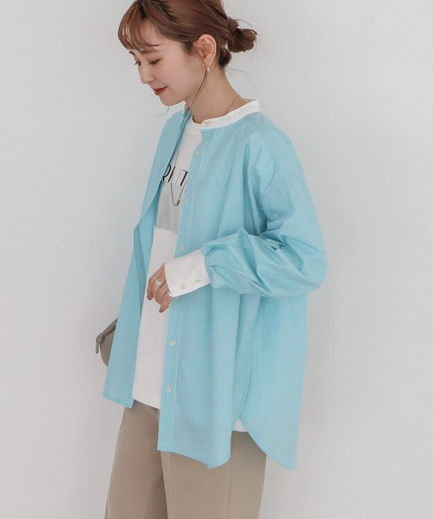 AMERICAN HOLIC イージーケアバンドカラーロングシャツ Stripe Green