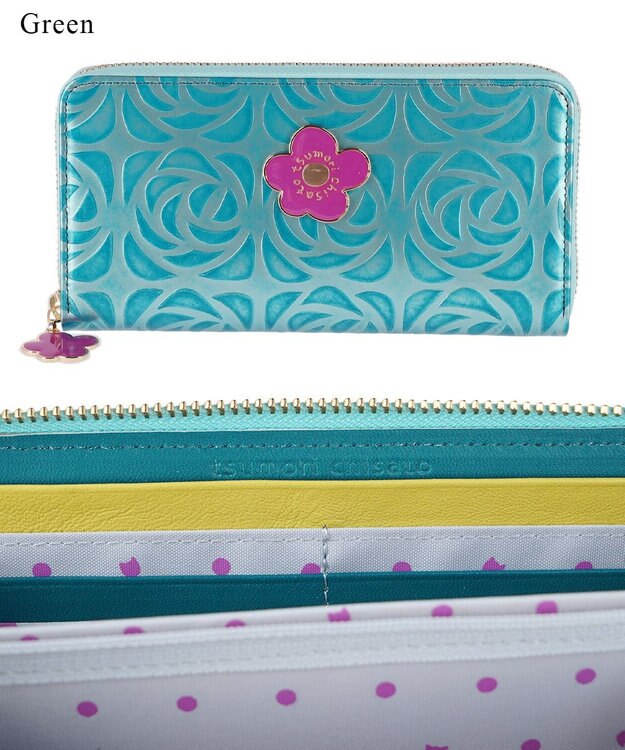 tsumori chisato CARRY クラフトフラワー ラウンドファスナー長財布　花柄　牛革　日本製 グリーン