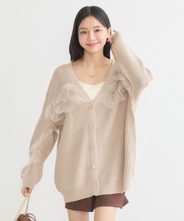 earth music&ecology チュールフリルカーディガン Beige
