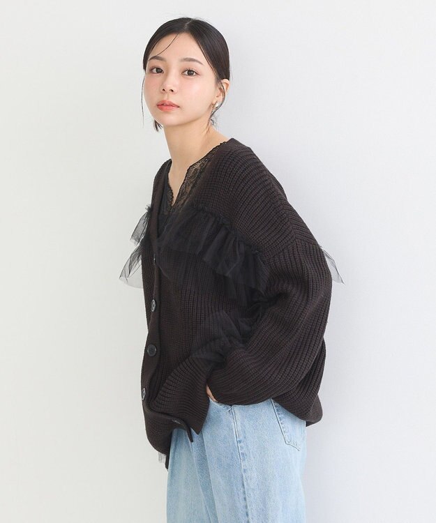 earth music&ecology チュールフリルカーディガン Black