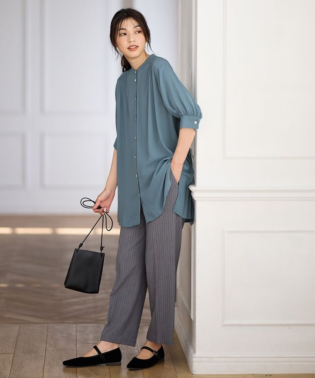 ANY L 【洗濯機可】バックプリーツシャツ ブルーグリーン