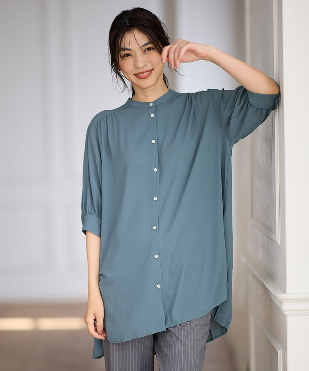 ANY L 【洗濯機可】バックプリーツシャツ ブルーグリーン