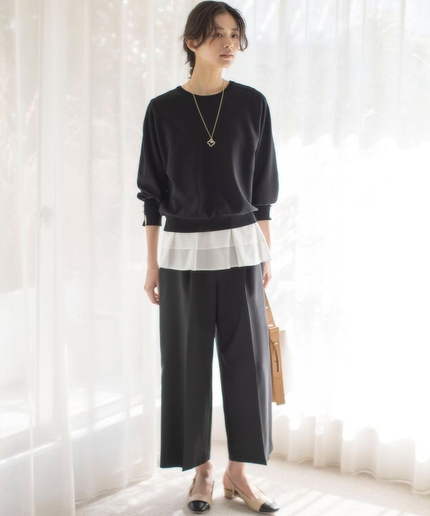 組曲 L 【ストレッチ・イージーケア】オシャクロス ガウチョパンツ ブラック系