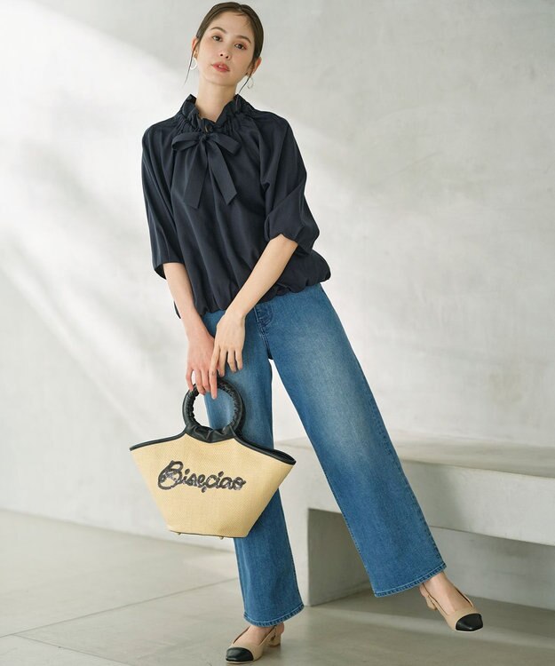 組曲  ギャザーリボン バルーンブラウス ネイビー系