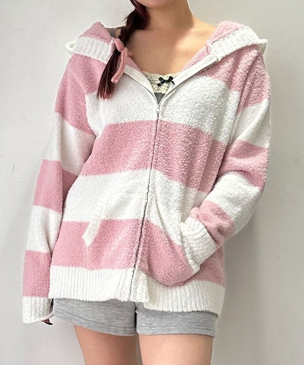 WEGO ボーダーZIPパーカー ピンク