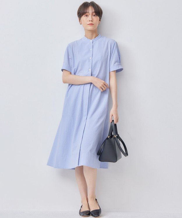 組曲 【WEB限定】サッカーストレッチ バンドカラーワンピース サックスブルー系