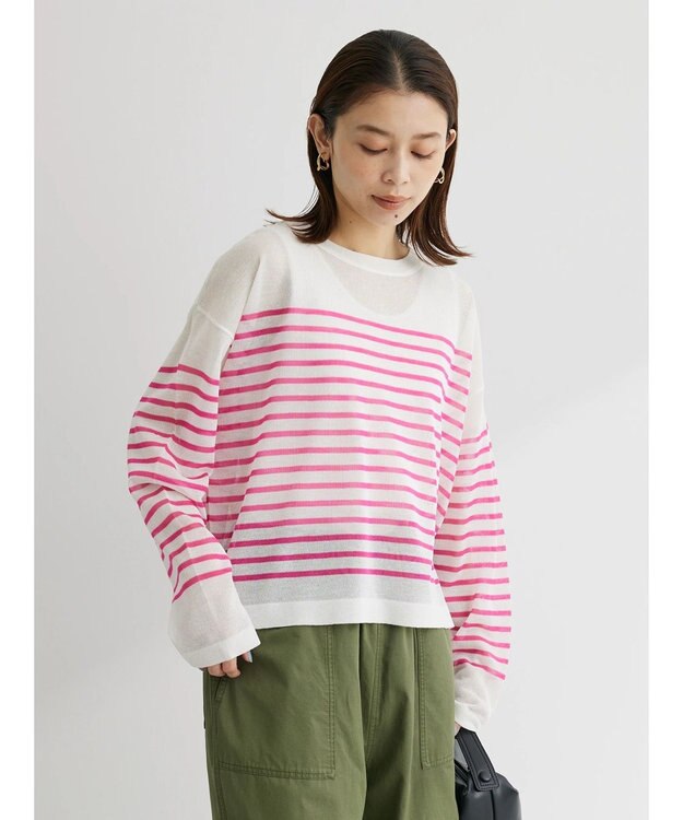 Green Parks シアーボーダーニットプルオーバー Pink