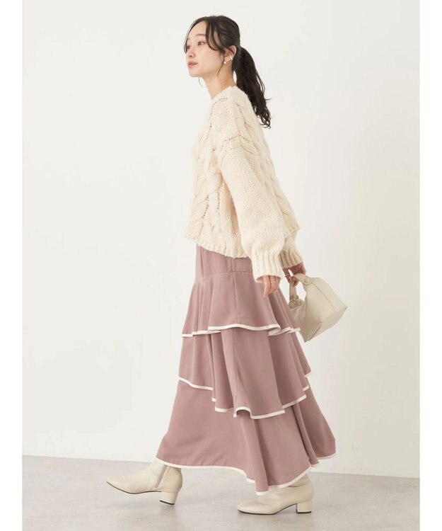 earth music&ecology パイピングフリルティアードスカート Pink Beige