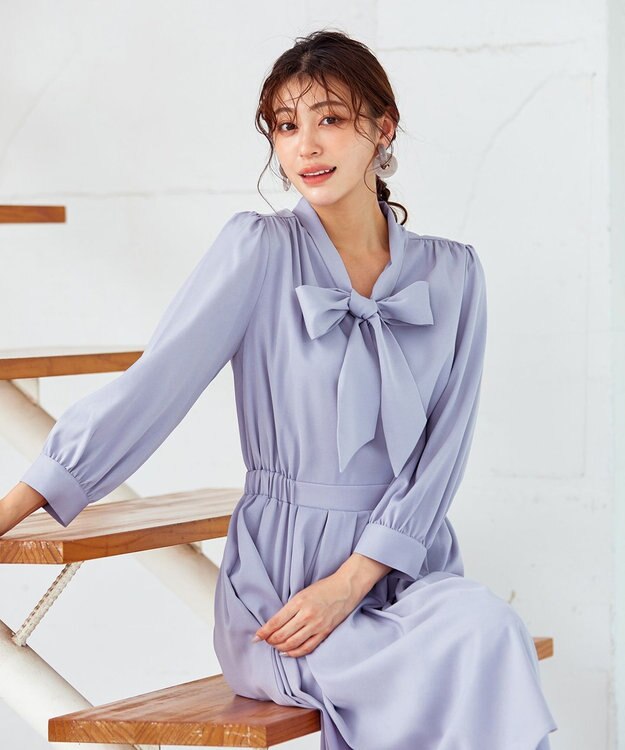 Tiaclasse 【洗える】リボンボウタイワンピース サックスグレー