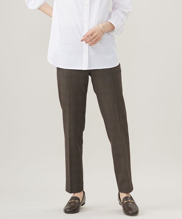 J.PRESS LADIES L 【洗える】T/Rアルガンシルクチェック テーパード パンツ ブラウンチェック系