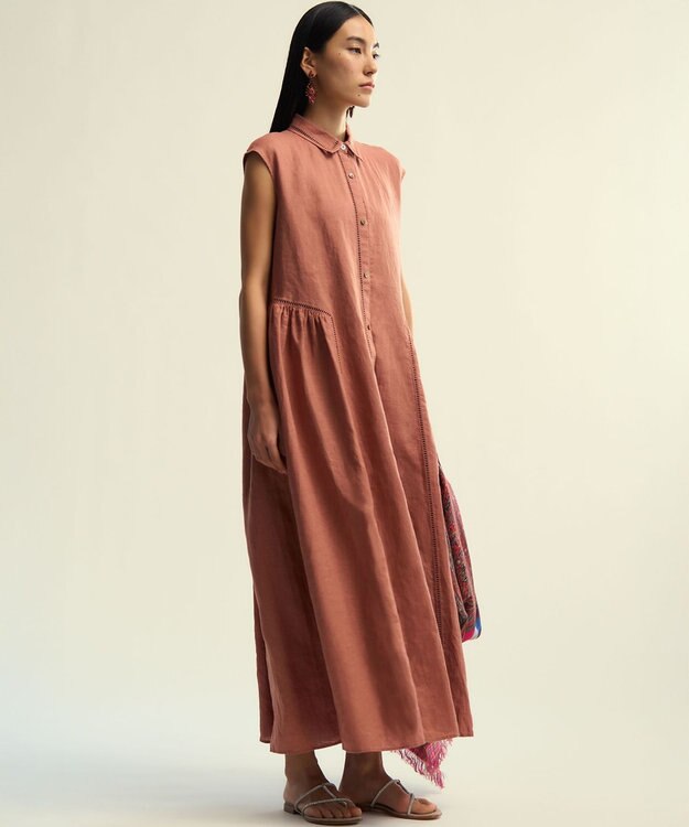 23区 【GOLD LABEL】ノーザンリネン ハシゴレース シャツワンピース オールドローズ系