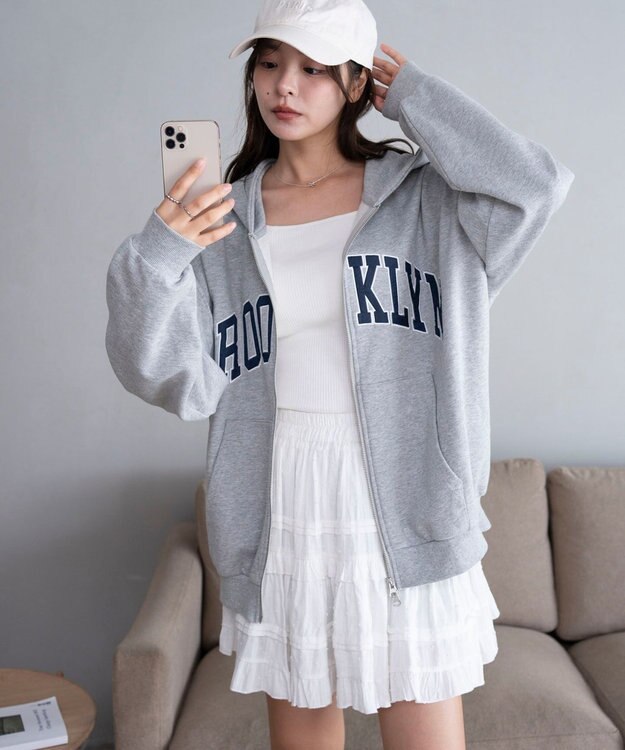 WEGO グラフィックBIGZIPパーカー 杢グレー