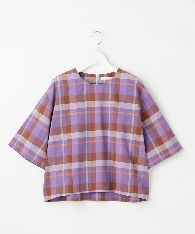 自由区 L コットンリネンチェック ブラウス パープル×ブラウン系