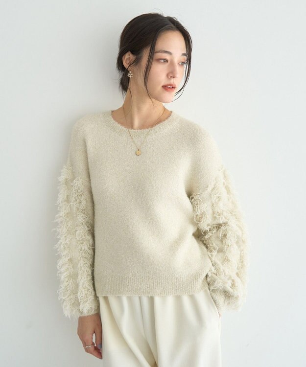 YECCA VECCA ラメフェザー袖フリンジニット Ivory
