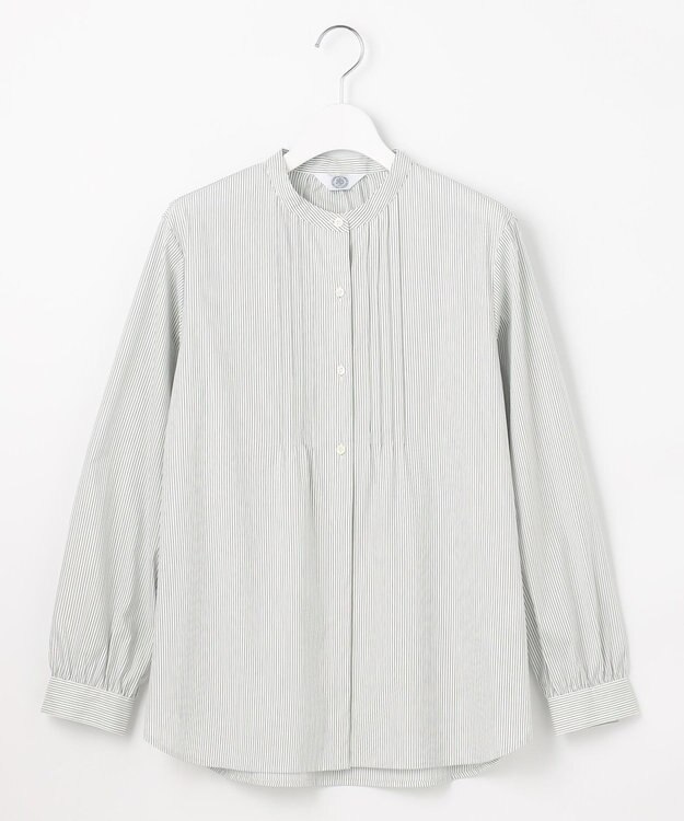 J.PRESS LADIES S 【洗える】BEZコットンナイロン ストライプ ピンタック ブラウス グリーン×ネイビーストライプ系1