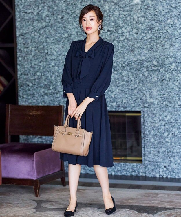 Tiaclasse 【洗える】リボンボウタイワンピース ネイビー