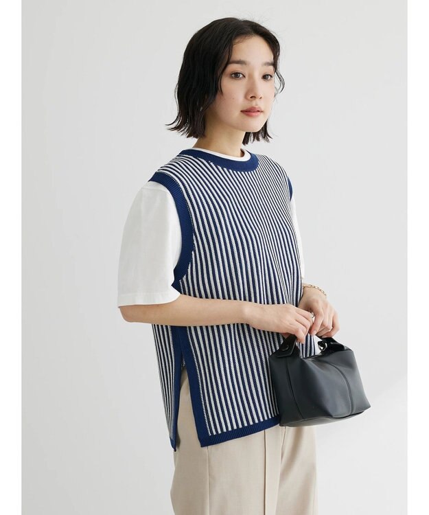 Green Parks ストライプドロストベスト Navy