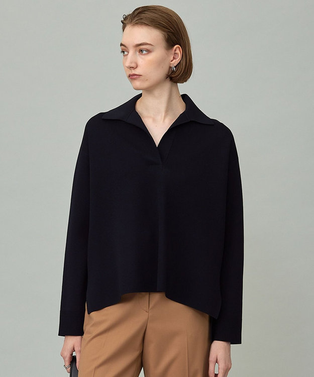 ICB L 【洗える】 シンセティックダブルフェイス スキッパーニットプルオーバー ネイビー系