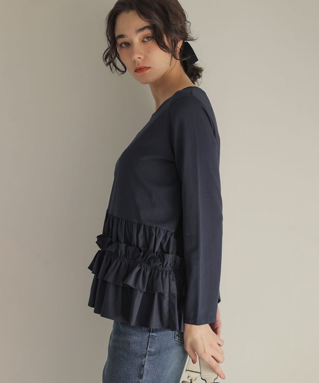 組曲 フリルシャツコンビ ロングTシャツ ネイビー系