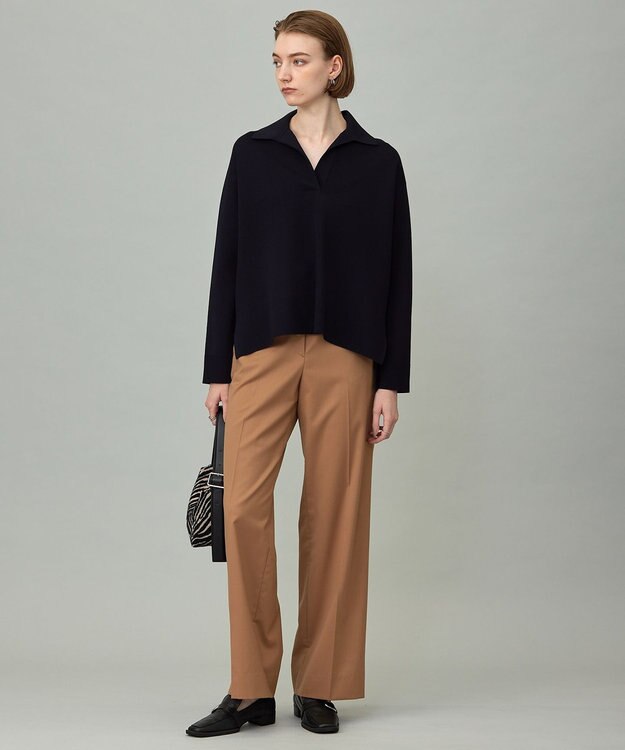 ICB L 【洗える】 シンセティックダブルフェイス スキッパーニットプルオーバー ネイビー系