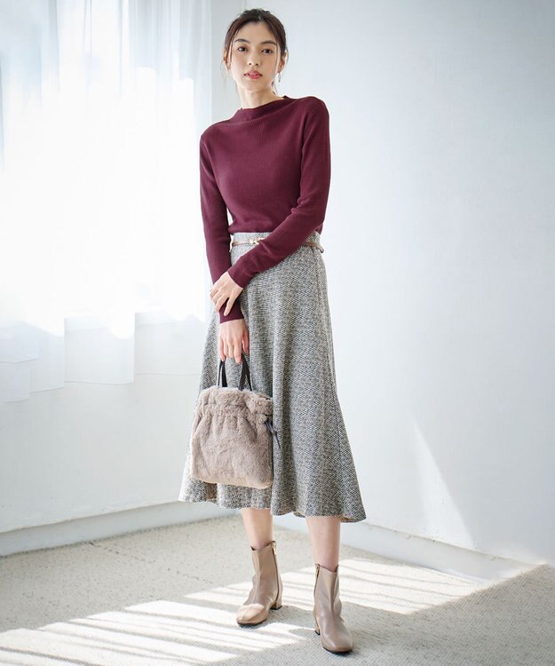 ANY 【ウエストゴム】ループツイードヘリンボーンフレアスカート グレーベース