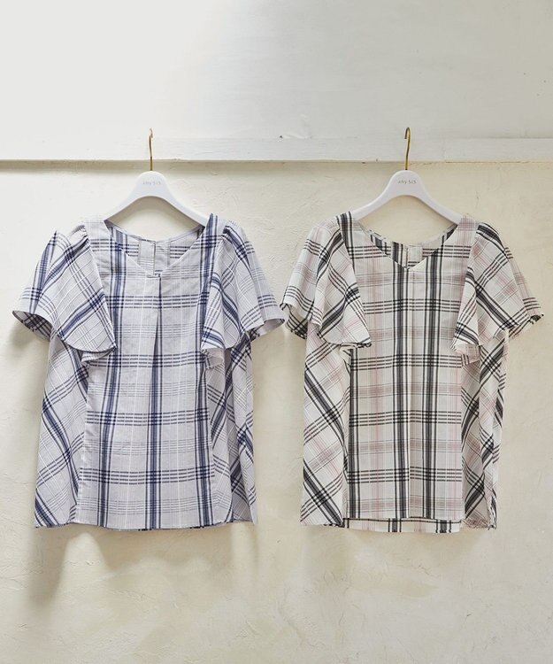 ANY SIS S 【洗える】チェックフレア ブラウス ブルーベース