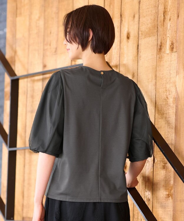 自由区 【洗える・XSサイズあり】シアーコンビパフスリーブ カットソー ダークブラウン系