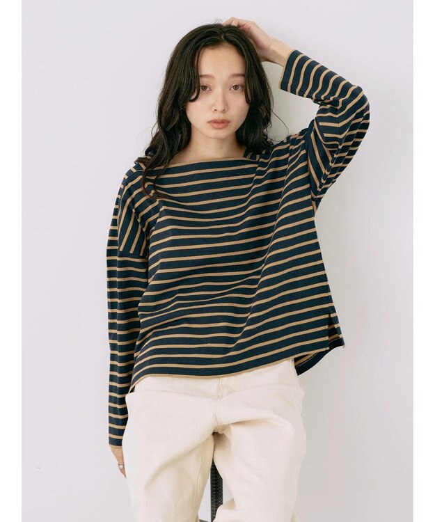 earth music&ecology スクエアボーダープルオーバー Navy