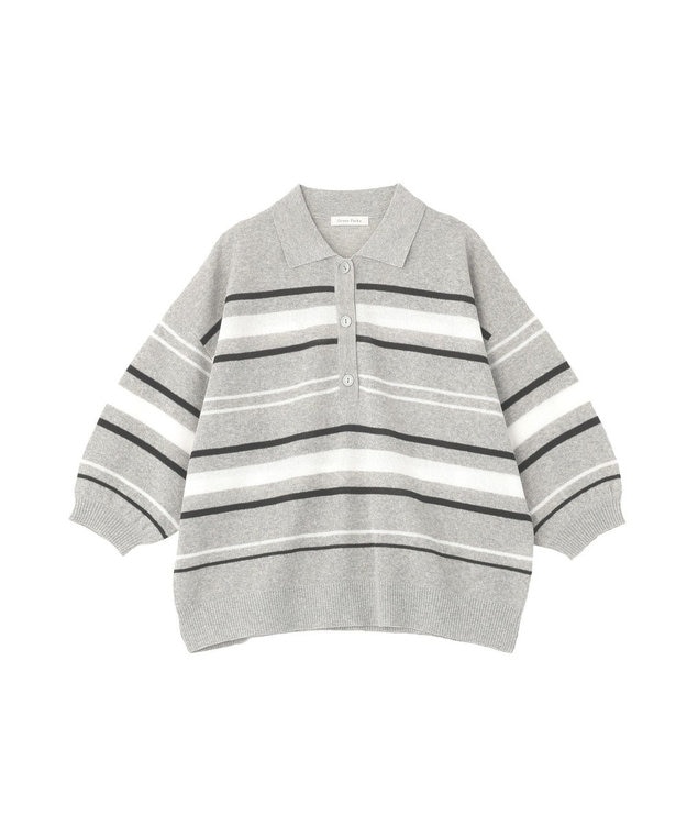 Green Parks 衿付き７分袖ニットプルオーバー Gray Mixture