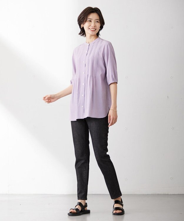 J.PRESS LADIES S 【洗える】アセVis ギンガム バンドカラー ピンタック ブラウス パープル系3