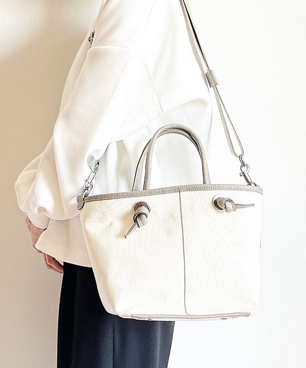 Hekhèr Le Style de Vie 【日本製 / 2WAY】コットンキャンバス×シュリンクレザー ノットハンドバッグ medium グレージュ