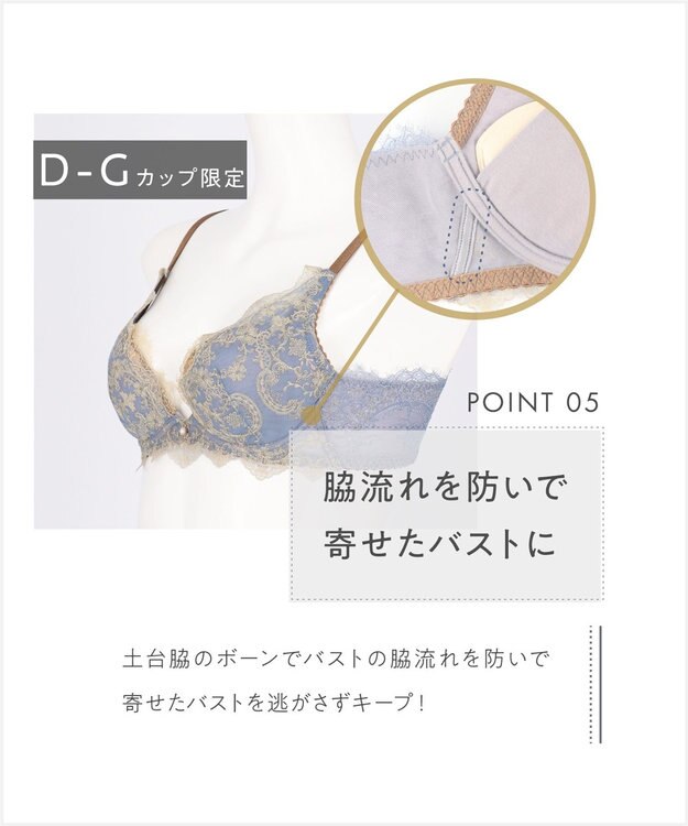 AMPHI ブラジャー 谷間メイク 脇高設計 細身え効果 Gカップまで対応 大きいサイズ 【Glama-Rich グラマリッチ 脇スッキリタイプ】ブラ BYJ603 アンフィ／ワコール ブルー