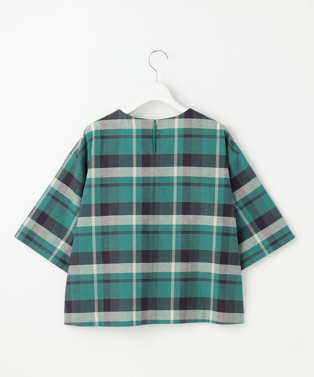 自由区 L コットンリネンチェック ブラウス グリーン×ネイビー系