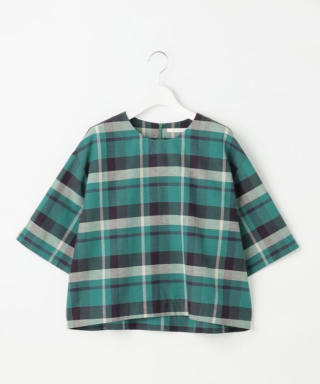 自由区 L コットンリネンチェック ブラウス グリーン×ネイビー系