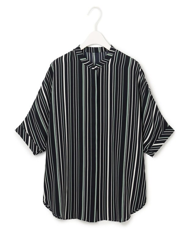 ICB L 【新色追加・接触冷感・UVケア・速乾・洗える】BackSatinAmunzen 5分袖バンドカラーブラウス ネイビーストライプ系