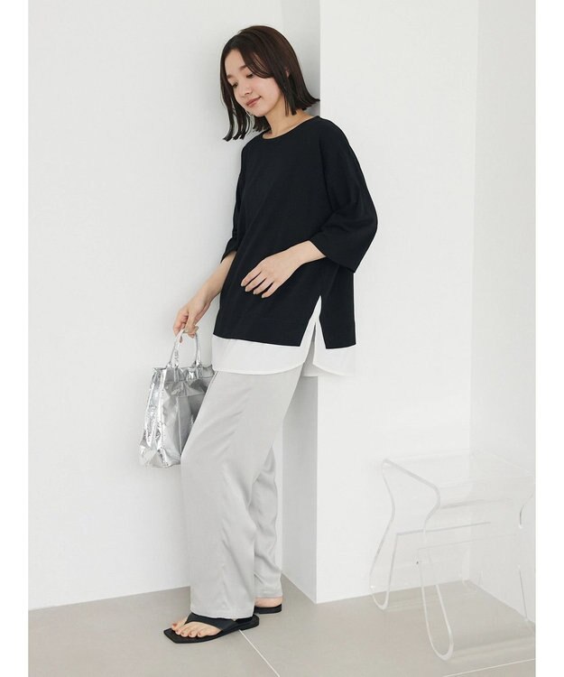 Green Parks 裾ドッキングレイヤー風７分袖プルオーバー Black