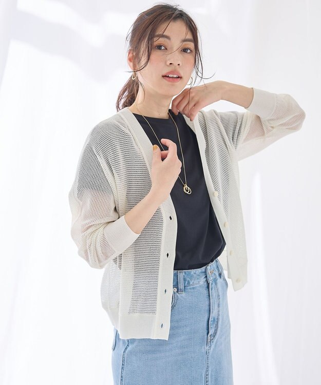 ANY L メッシュＶネックニットカーディガン エクリュ