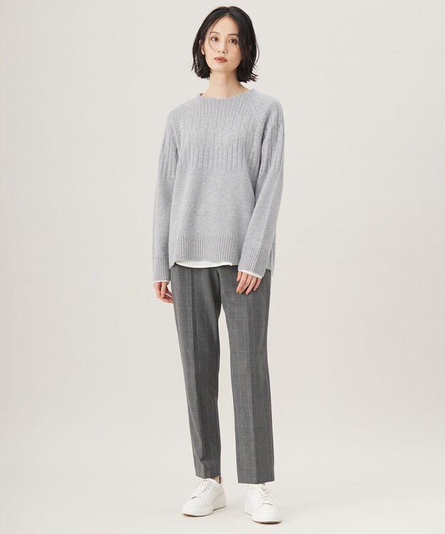 自由区 【撥水加工・洗える】TRギャバ裏起毛チェック柄テーパード パンツ グレーチェック