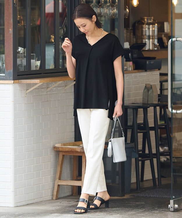 自由区 【XSサイズ~/洗える】ドレーピーポンチフレンチスリーブ カットソー ブラック系