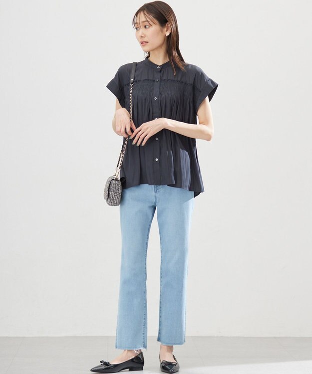 組曲 L ギャザーライトデシンシャーリング ブラウス ネイビー系