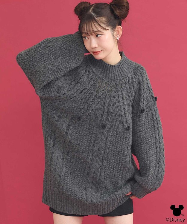 earth music&ecology Disney/ポイントミッキーケーブルニット チャコールグレー