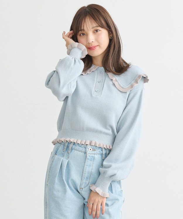 配色フリルカラーニットプルオーバー / earth music&ecology