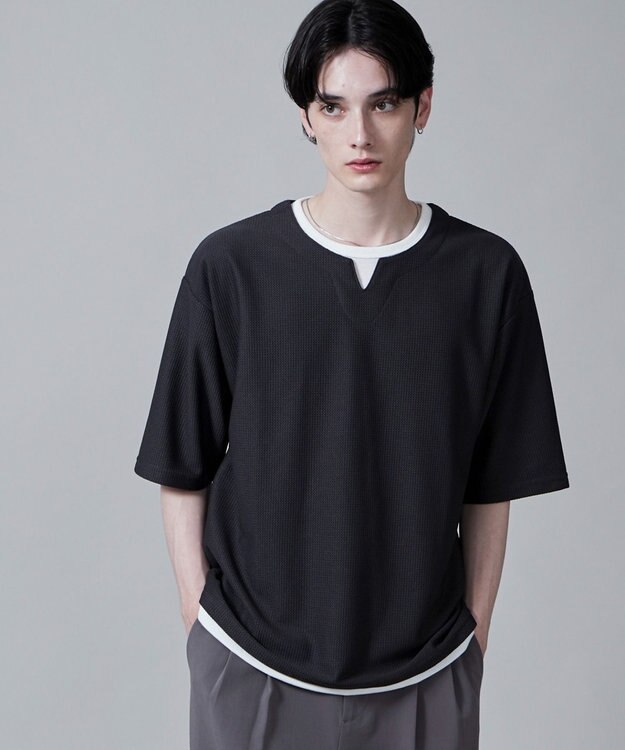 WEGO フェイクレイヤードキーネックT（S） ダークグレー