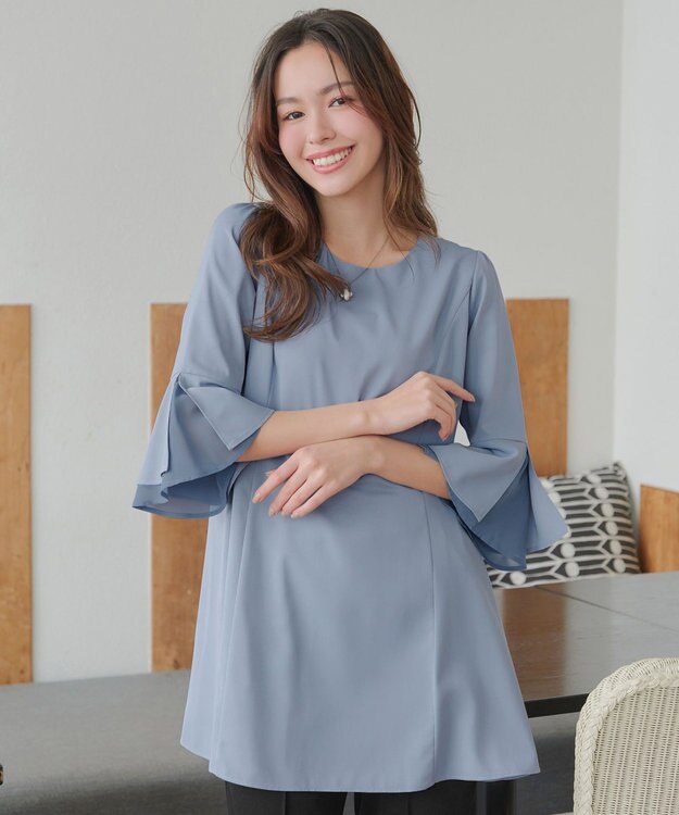 Tiaclasse 【新色追加・洗える】シフォンフレア袖チュニックブラウス サックス