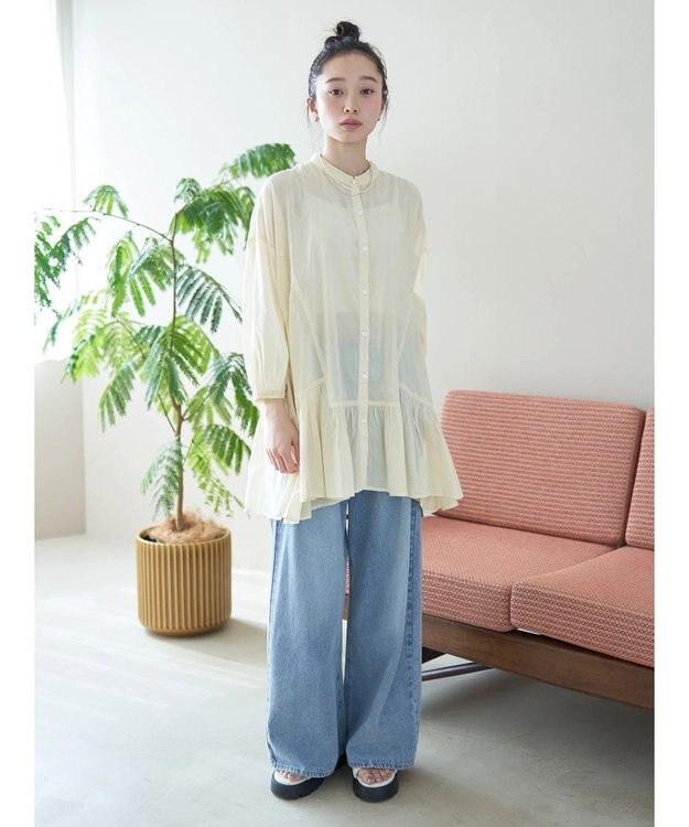 earth music&ecology コットンボイル切替ティアードチュニック Ivory